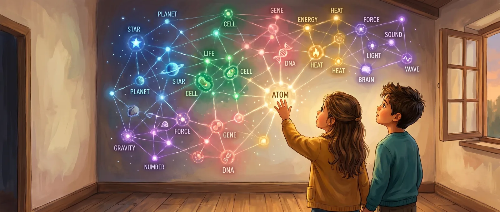 Maya and Soren gazing at a glowing web of science concepts