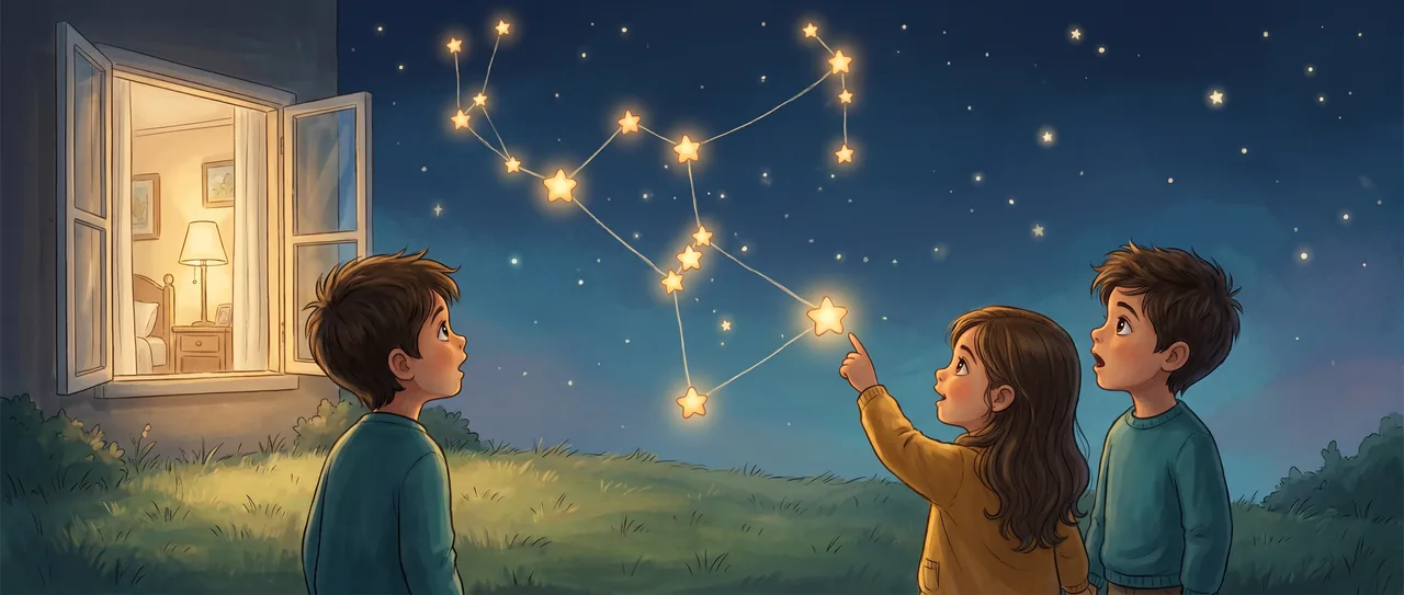 Children meeting Orion, a glowing constellation in the night sky